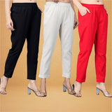 Combo of 3 Cotton Beige Red and Black Women Regular Fit Solid Trousers