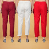 Combo of 3 Cotton Beige Red and Maroon Women Regular Fit Solid Trousers