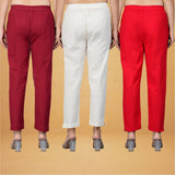 Combo of 3 Cotton Beige Red and Maroon Women Regular Fit Solid Trousers