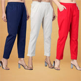 Combo of 3 Cotton Beige Red and Navy Blue Women Regular Fit Solid Trousers