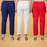 Combo of 3 Cotton Beige Red and Navy Blue Women Regular Fit Solid Trousers