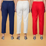 Combo of 3 Cotton Beige Red and Navy Blue Women Regular Fit Solid Trousers