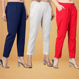 Combo of 3 Cotton Beige Red and Navy Blue Women Regular Fit Solid Trousers