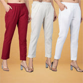 Combo of 3 Cotton Beige White and Maroon Women Regular Fit Solid Trousers