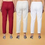 Combo of 3 Cotton Beige White and Maroon Women Regular Fit Solid Trousers