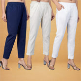 Combo of 3 Cotton Beige White and Navy Blue Women Regular Fit Solid Trousers