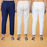 Combo of 3 Cotton Beige White and Navy Blue Women Regular Fit Solid Trousers
