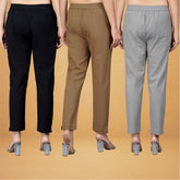 Combo of 3 Cotton Brown Gray and Black Women Regular Fit Solid Trousers