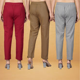 Combo of 3 Cotton Brown Gray and Maroon Women Regular Fit Solid Trousers
