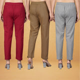Combo of 3 Cotton Brown Gray and Maroon Women Regular Fit Solid Trousers