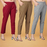 Combo of 3 Cotton Brown Gray and Maroon Women Regular Fit Solid Trousers