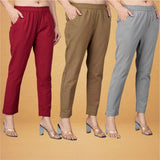 Combo of 3 Cotton Brown Gray and Maroon Women Regular Fit Solid Trousers