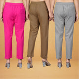 Combo of 3 Cotton Brown Gray and Pink Women Regular Fit Solid Trousers-43432