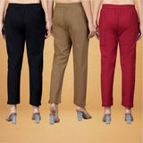 Combo of 3 Cotton Beige Gray and Black Women Regular Fit Solid Trousers