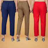 Combo of 3 Cotton Brown Red and Navy Blue Women Regular Fit Solid Trousers