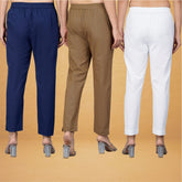 Combo of 3 Cotton Brown White and Navy Blue Women Regular Fit Solid Trousers