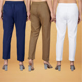 Combo of 3 Cotton Brown White and Navy Blue Women Regular Fit Solid Trousers