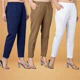 Combo of 3 Cotton Brown White and Navy Blue Women Regular Fit Solid Trousers