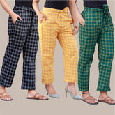 Combo of 3 Cotton Check Pant with Belt Black Yellow and Green