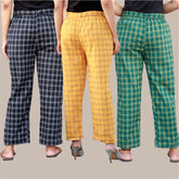 Combo of 3 Cotton Check Pant with Belt Black Yellow and Green