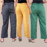Combo of 3 Cotton Check Pant with Belt Black Yellow and Green