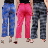 Combo of 3 Cotton Check Pant with Belt Blue Pink and Black