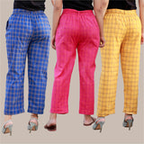 Combo of 3 Cotton Check Pant with Belt Blue Pink and Yellow