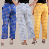 Combo of 3 Cotton Check Pant with Belt Blue White and Yellow