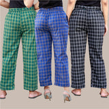 Combo of 3 Cotton Check Pant with Belt Green Blue and Black