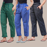 Combo of 3 Cotton Check Pant with Belt Green Blue and Black
