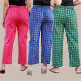 Combo of 3 Cotton Check Pant with Belt Pink Blue and Green
