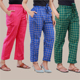 Combo of 3 Cotton Check Pant with Belt Pink Blue and Green