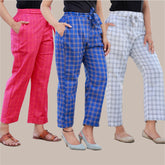 Combo of 3 Cotton Check Pant with Belt Pink Blue and White