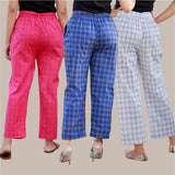 Combo of 3 Cotton Check Pant with Belt Pink Blue and White