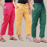 Ombo of 3 Cotton Check Pant with Belt Pink Yellow and Green