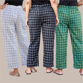 Combo of 3 Cotton Check Pant with Belt Black White and Yellow