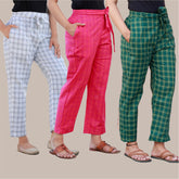 Combo of 3 Cotton Check Pant with Belt White Pink and Green