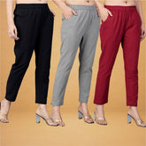 Combo of 3 Cotton Gray Red and Black Women Regular Fit Solid Trousers