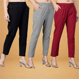 Combo of 3 Cotton Gray Red and Black Women Regular Fit Solid Trousers
