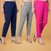 Combo of 3 Cotton Gray Pink and Navy Blue Women Regular Fit Solid Trousers