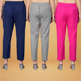 Combo of 3 Cotton Gray Pink and Navy Blue Women Regular Fit Solid Trousers
