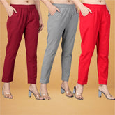 Combo of 3 Cotton Gray Red and Maroon Women Regular Fit Solid Trousers