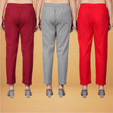 Combo of 3 Cotton Gray Red and Maroon Women Regular Fit Solid Trousers