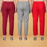 Combo of 3 Cotton Gray Red and Maroon Women Regular Fit Solid Trousers
