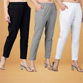Combo of 3 Cotton Gray White and Black Women Regular Fit Solid Trousers