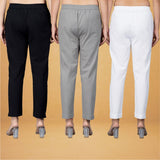 Combo of 3 Cotton Gray White and Black Women Regular Fit Solid Trousers