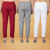 Combo of 3 Cotton Gray White and Maroon Women Regular Fit Solid Trouser