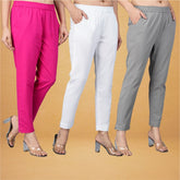 Combo of 3 Cotton Gray White and Pink Women Regular Fit Solid Trousers