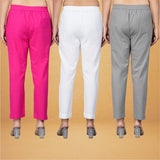 Combo of 3 Cotton Gray White and Pink Women Regular Fit Solid Trousers