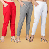 Combo of 3 Cotton Gray White and Red Women Regular Fit Solid Trousers